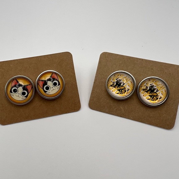 Classic Cat Stud Earring Set - Trendy Cute Cat Round Stud Earrings - Picture 6 of 10